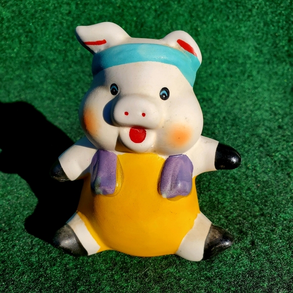 VTG Piggy Bank Hand Painted Smiling Happy Piggy Ceramic 4"x5" Sweatband Towel - Picture 10 of 10